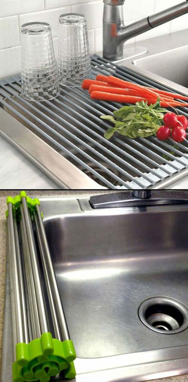 1. A feltekerhető szárító állvány ügyesen kihasználja a rendelkezésre álló helyet a mosogató felett