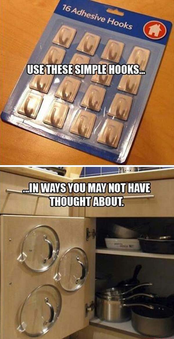 30. Használj egyszerű kampókat a fedelek tárolásához, a könnyebb hozzáférés érdekében